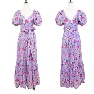 CHELSEA & VIOLET Purple‎ Floral Print Puff Sleeve Tiered Maxi Dress Small New